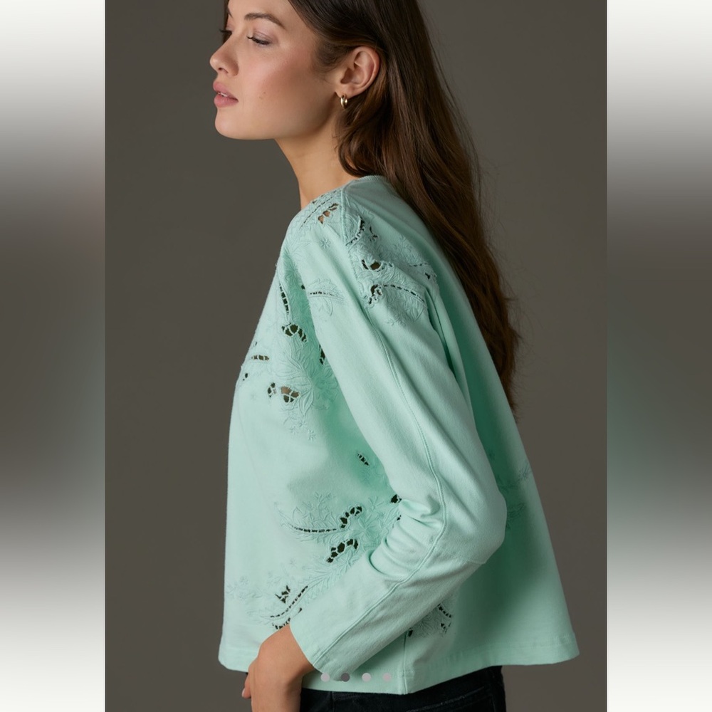 NWT Anthropologie Embroidered Cutwork Sweatshirt in Sky Blue - Size: M - Picture 2 of 13